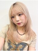 グレージュブラウン/ミディアムレイヤー/韓国巻き/顔周りカット