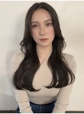 韓国レイヤーロングワンカール姫カットダークアッシュグレージュ