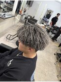 メンズパーマホワイトメッシュ縦落ちツイスパマッシュ