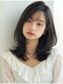 黒髪ミディアムレイヤー/小顔カット/顔まわりカット
