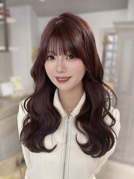 ユヌ(Une) ブリーチなし透明感ピンクブラウンカラー前髪顔まわりカット