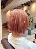 2回ケアブリーチのオレンジカラー×くびれボブ《入谷駅》