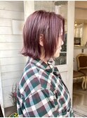 春夏ヘアモーブピンクの外ハネぱっつんボブ梅ヶ丘美容室