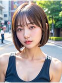 ナチュラルボブレイヤーカットウェットヘアオリーブベージュ