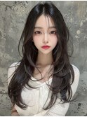 韓国レイヤーロング美髪グレージュアッシュインナーグレージュ