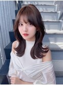 小顔薄めバンググレージュレイヤーロング前髪パーマ黒髪