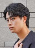 天神大名フェザーパーマメンズカットセンターパートウルフ30代