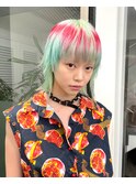 シャギーハイレイヤーウルフカットミントグリーンレッドカラー