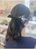 結婚式・お呼ばれ ポニーテール×アクセサリー×ベロアリボン