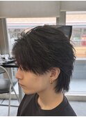 韓国へアカルマパーマワックスなしセンターパート黒髪ウルフ