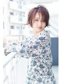 ピンクベージュ×ショートボブ透け感ラフバング