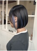 インナーカラー　くすみブルー　ミニボブ　ブルー系カラー