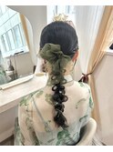 シアーリボンアレンジ＊ロングタイト編みおろし＊結婚式お呼ばれ
