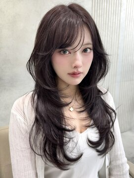 ユニ 原宿(uni) 韓国ヘアロングレイヤーカットブリーチなし暗めグレージュ前髪