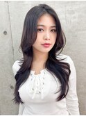 グレージュブラウン/ミディアムレイヤー/韓国巻き/顔周りカット
