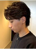 センターパートウルフ ツーブロック ニュアンスパーマ 眉カット