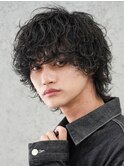 難波シャドウパーマメンズマッシュウルフカット波巻きパーマ色気