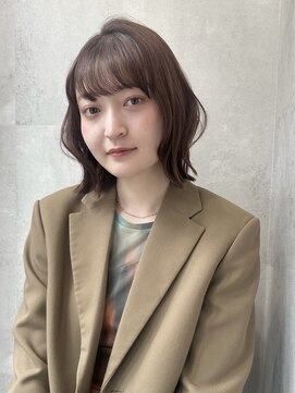 ラベル 渋谷(LAVEL) ココアブラウンウェーブ巻き切りっぱなしボブシースルーバング