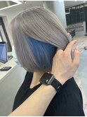 インナーカラーピンクベージュ前髪デザインカラー黒髪シルバー