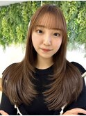 美髪ピンクブラウン韓国ハイレイヤーロングセミディ顔周り前髪