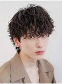 メンズラフセンターパート波巻きスパイラルパーママッシュウルフ