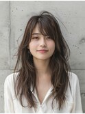 大人ロングレイヤーカット×夏の透明感オリーブベージュ