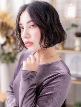 かきあげバングくせ毛風ラフウェーブ黒髪ボブa上尾30代40代