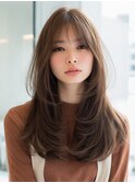 韓国風レイヤー顔回りカットロングレイヤーダークブラウン