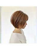 秋色オレンジブラウン艶感ショートボブ◎30代前髪あり小顔ひし形