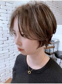 立体感カラー ハイライト オリーブグレー ショート