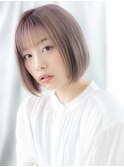 ミルクティーピンクの透けバングぶつ切りボブh古河10代20代30代