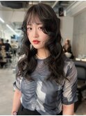 オリーブカラー ブリーチなしカラー 韓国風 カール ロング