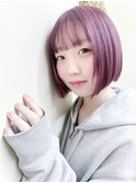 ラベンダーピンク×ぱっつんボブ