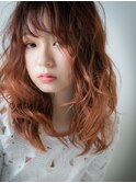 透け感オレンジカラーハイライト小顔ミディw川口10代20代30代