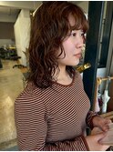ミディアムパーマ/顔まわりカット/透明感ブラウン