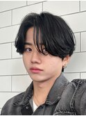 韓国風ヘアセンター分け毛流れパーマシースルーマッシュショート
