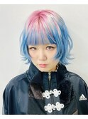 ブルー×ピンク×レイヤーボブ