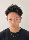30代パーマアップバングビジネスショートオールバックツーブロ