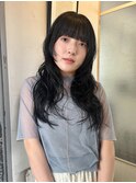 顔周りレイヤー黒髪ヘア/レイヤーカット/ロングレイヤー/パーマ