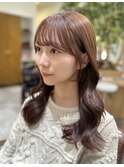 くびレイヤー薄めバンググレージュカラーピンクベー ジュパーマ