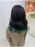 セミロングウェーブ巻きグラデーションカラーグリーン波巻き