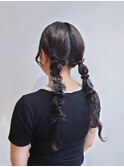 ダブルツインローポニー×リボン×推し色ブラック