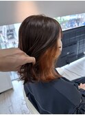 インナーカラーオレンジ/前髪/アンブレラカラーこなれミディ新籾