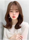 ミニウルフ前髪パーマ韓国くびれミディアムチェリーブラウン