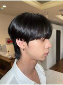シースルーマッシュウルフカットメンズ韓国ヘアダウンパーマ学割