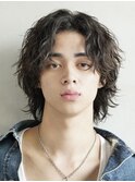 メンズミディアムパーママッシュウルフカット波巻きスパイラル