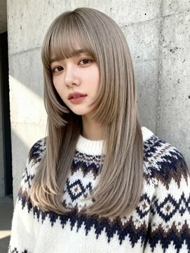 レイヤーカット H 大阪梅田 女性専用サロン 韓国レイヤーカット ミルクティーベージュウルフパーマミディアムヘア50代髪型