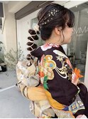 成人式ヘアセット 紐アレンジ 金箔ヘア