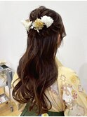 袴・ドライフラワー編み込みハーフアップロング