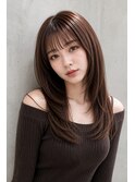 小顔レイヤー ストレート ロングレイヤーカット ココアブラウン